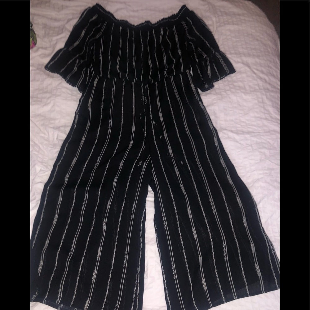 Luxology Black Off-Shoulder Striped Jumpsuit